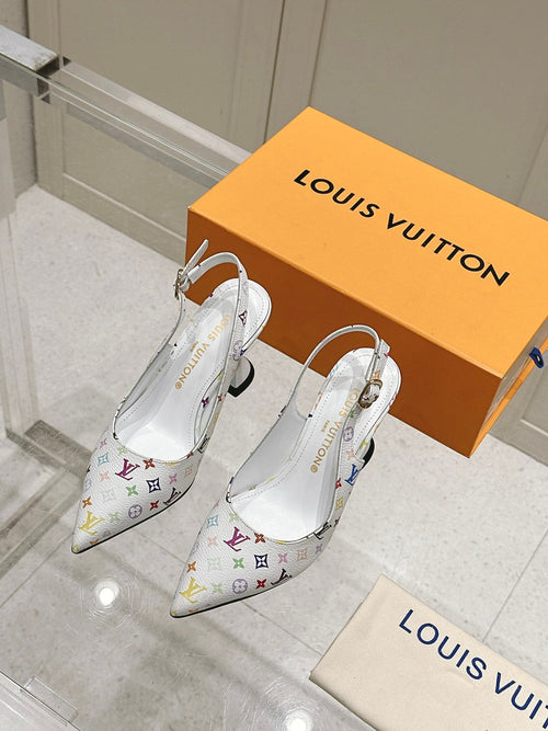 LV Women White Leather Multicolor Logo Heels