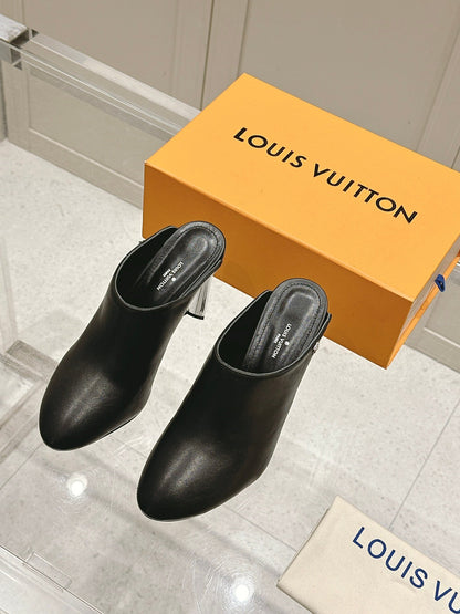 LV Women Black Leather Mules Heels