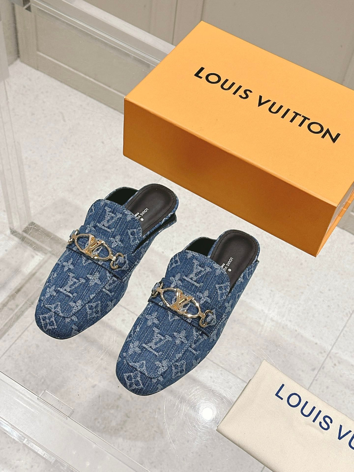 LV Women Blue Denim Leather Mules