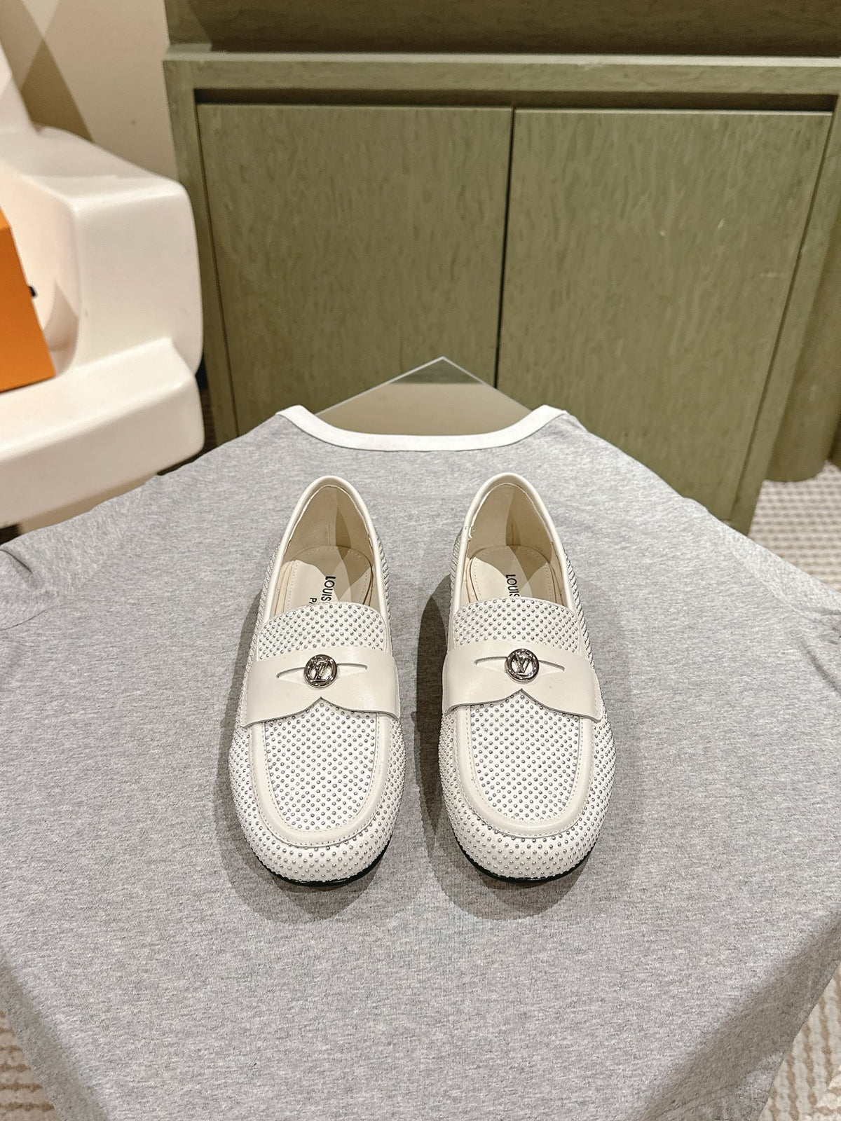 LV Women White Leather Studded Loafers