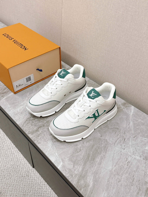 LV Women White Leather Green Accent Sneakers