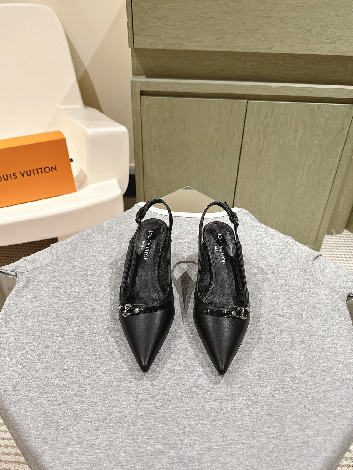 LV Women Black Leather Slingback Heels