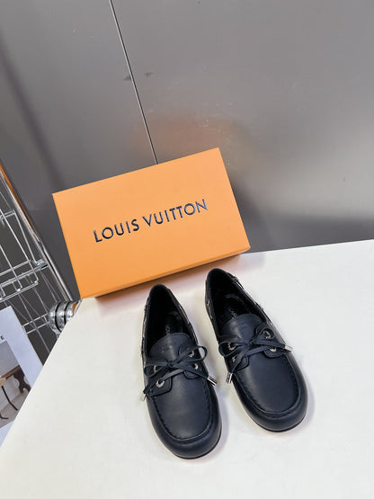 LV Women Black Leather Loafers