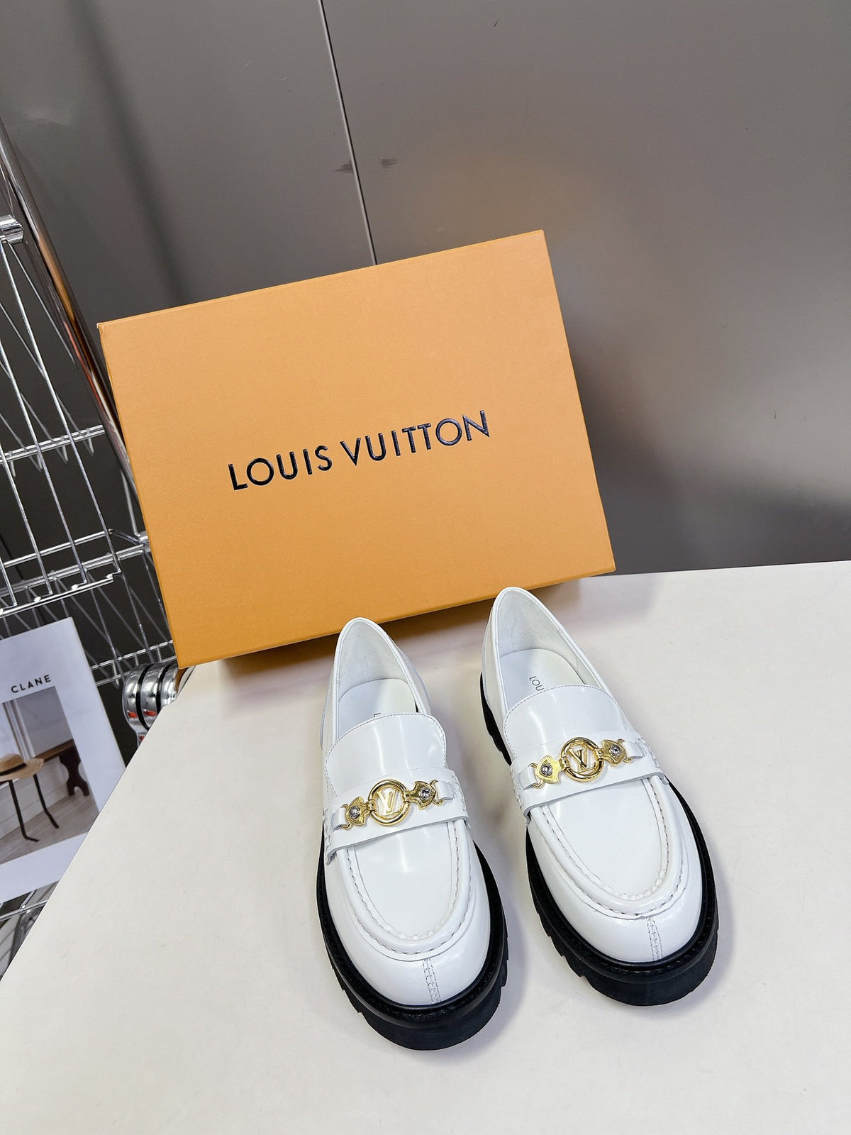 LV Women White Leather Loafers