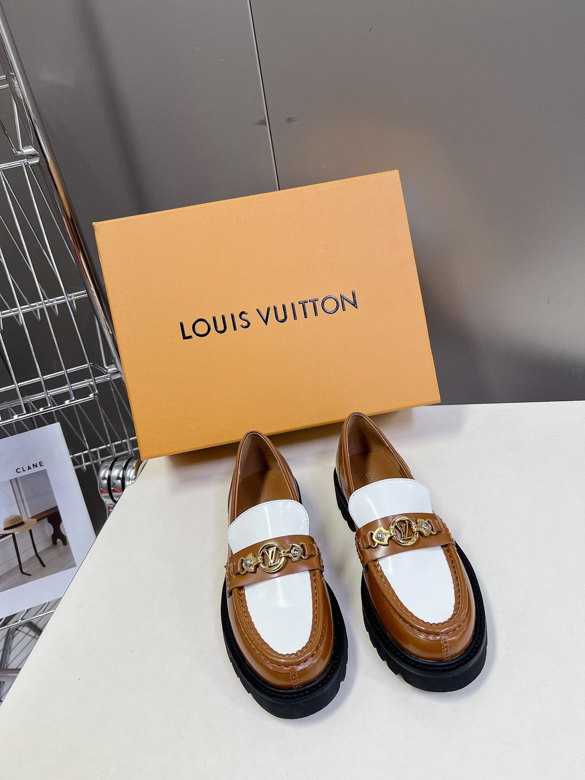 LV Women Brown White Leather Loafers