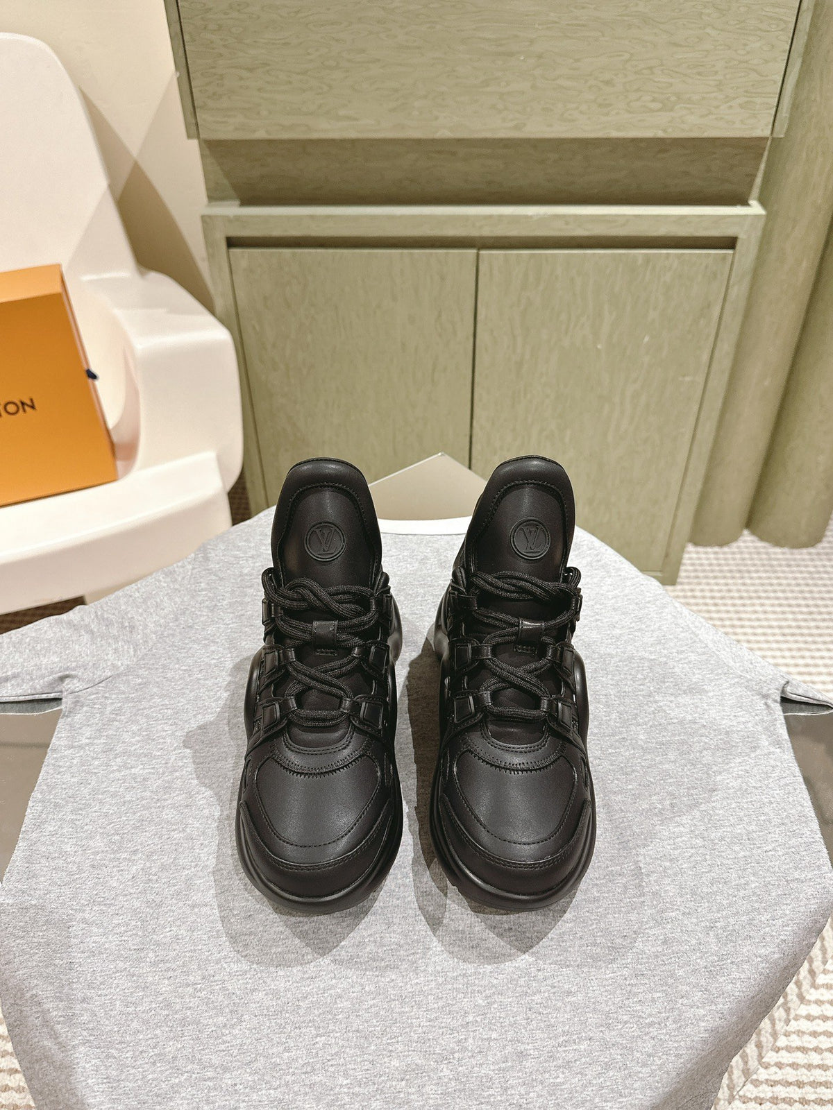 LV Women Black Leather Sporty Chunky Sneakers