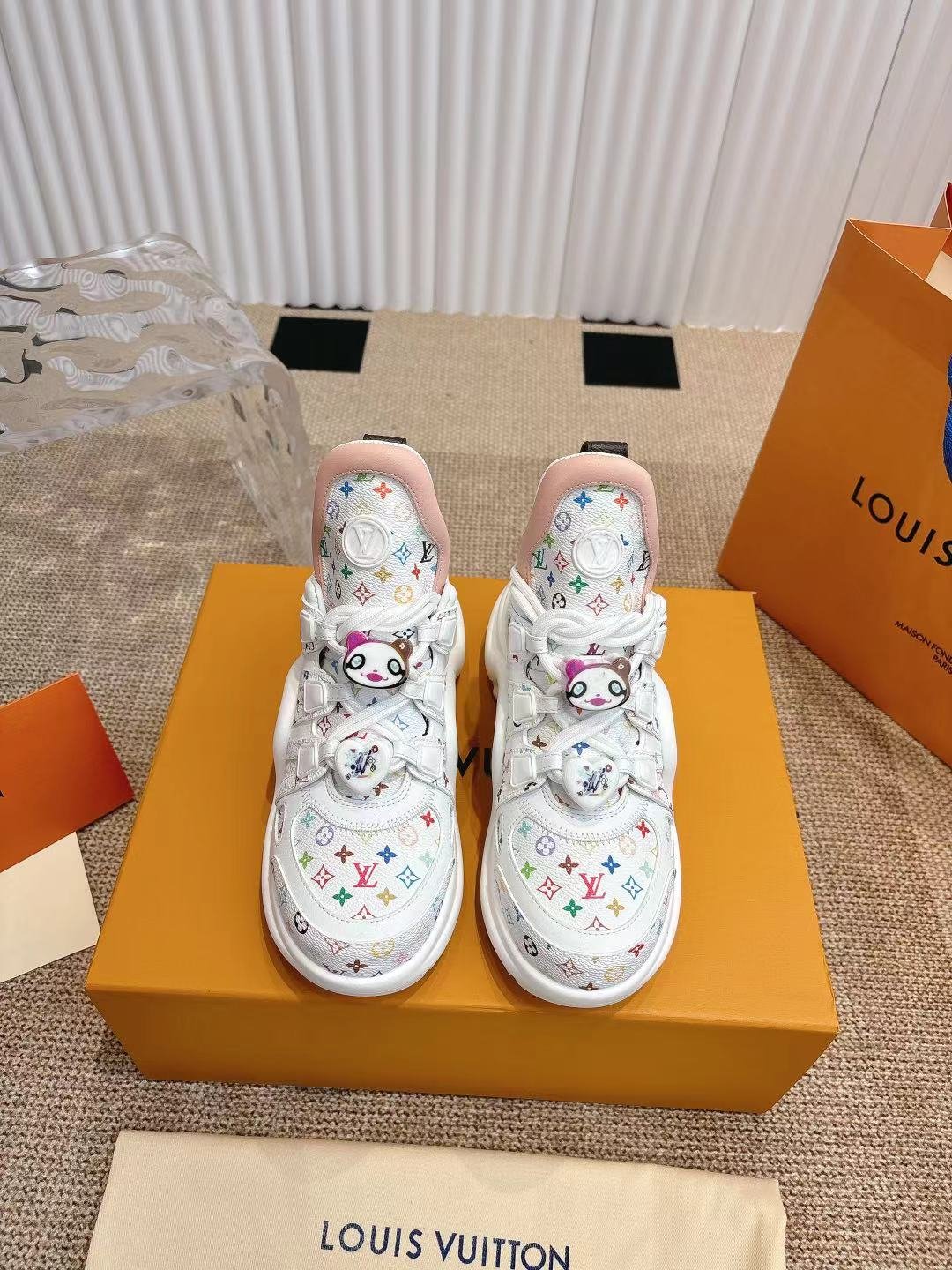 LV Women White Leather Multicolor Logo Sneakers
