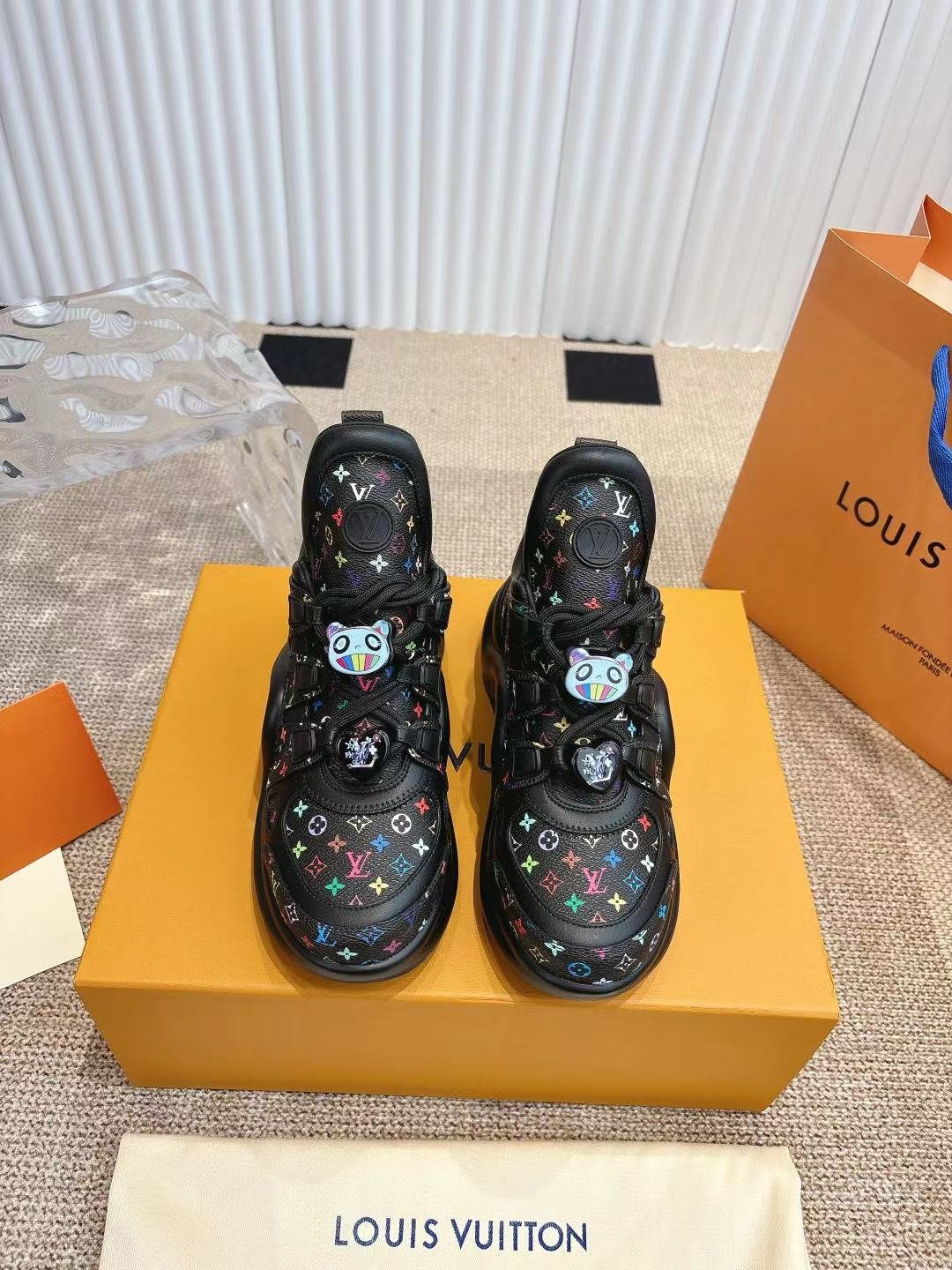LV Women Black Leather Multicolor Logo Sneakers