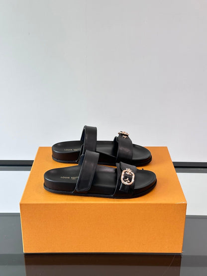 LV Men Black Leather Slides