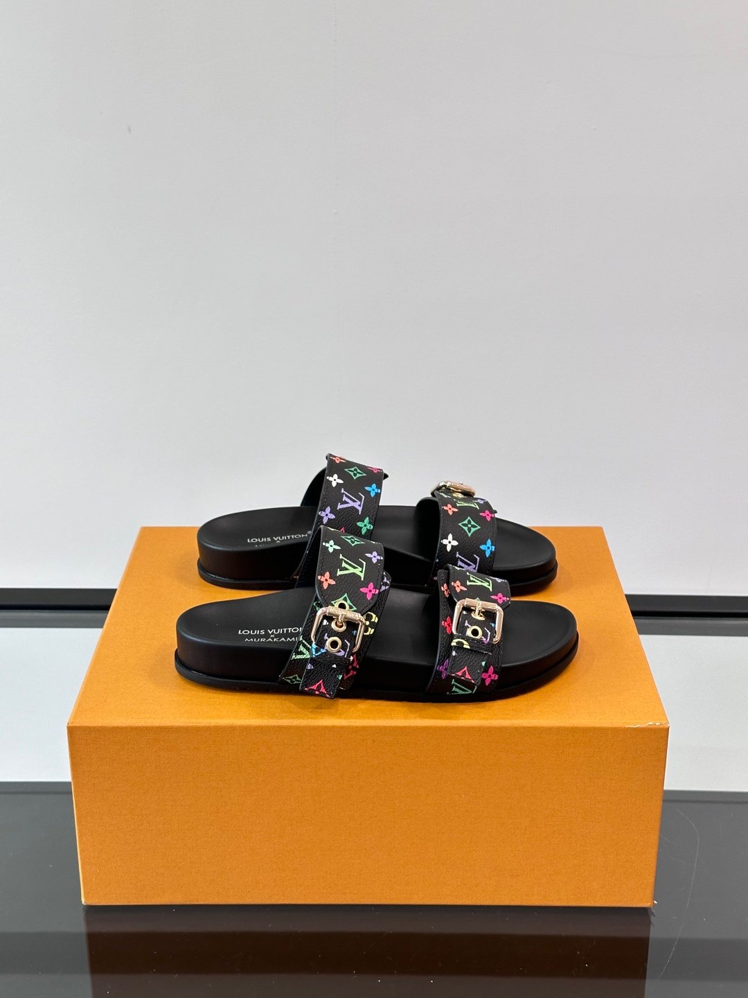 LV Men Black Leather Multicolor Monogram Slides