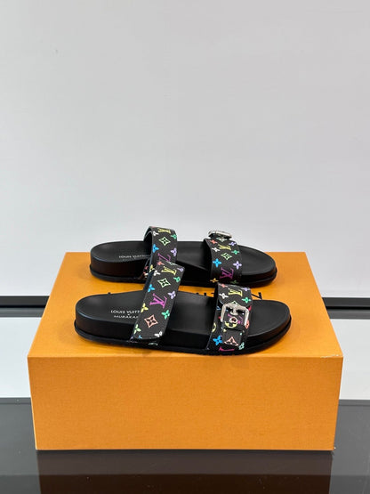 LV Men Black Multicolor Canvas Straps Sandals