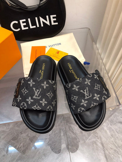 LV Women Black Canvas Monogram Slide Sandals