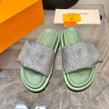 LV Women Green Fabric Strap Slippers