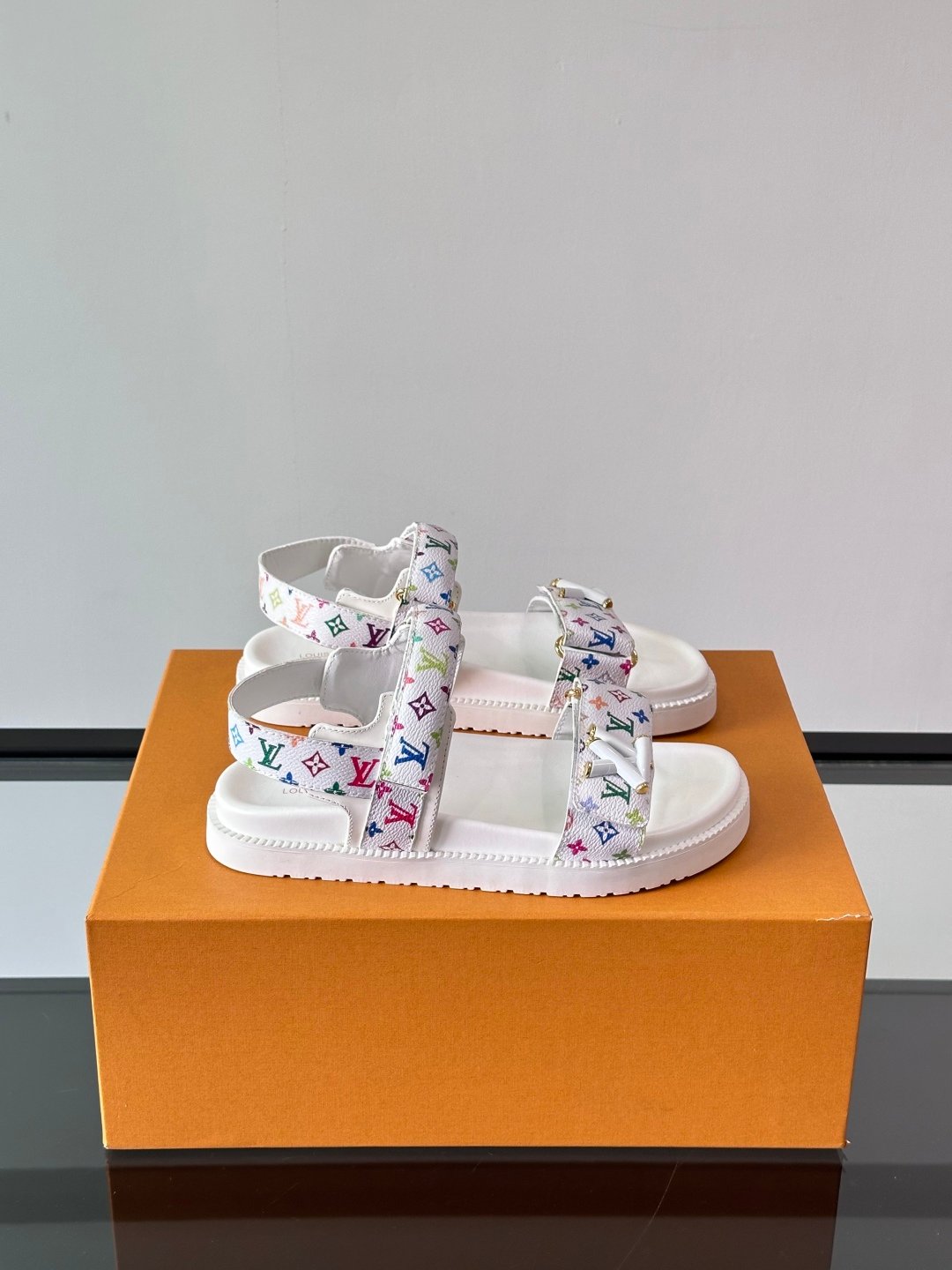 LV Men White Canvas Multicolor Logo Sandals