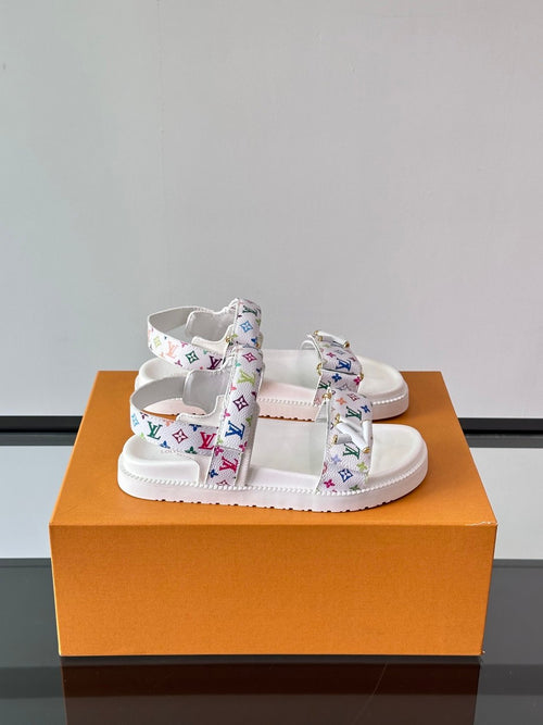 LV Men White Canvas Multicolor Logo Sandals