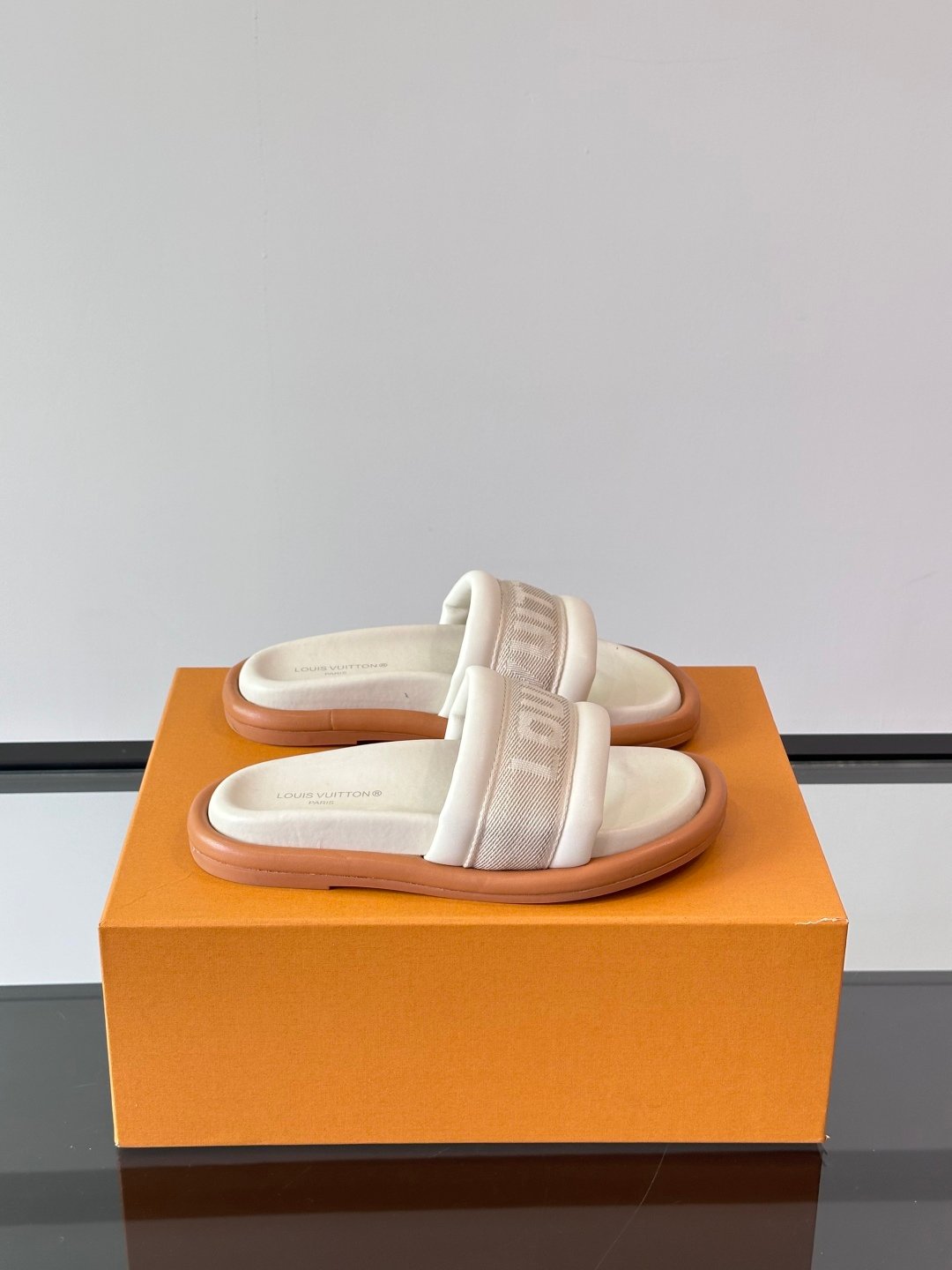 LV Men Beige Fabric Slides With Brown Sole