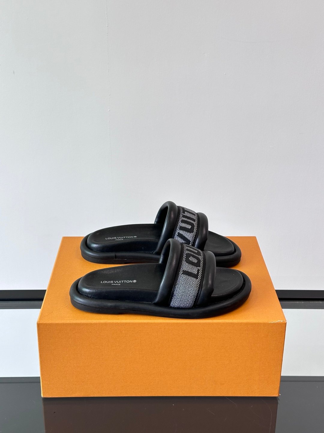 LV Men Black Fabric Strap Slide Sandals