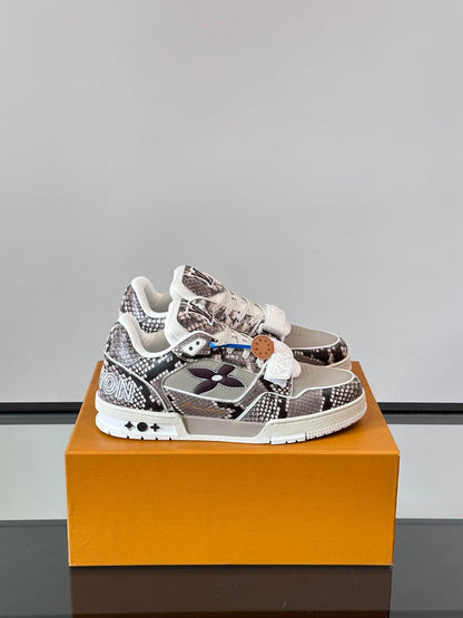 LV Men Grey Snake Print Leather Sneakers