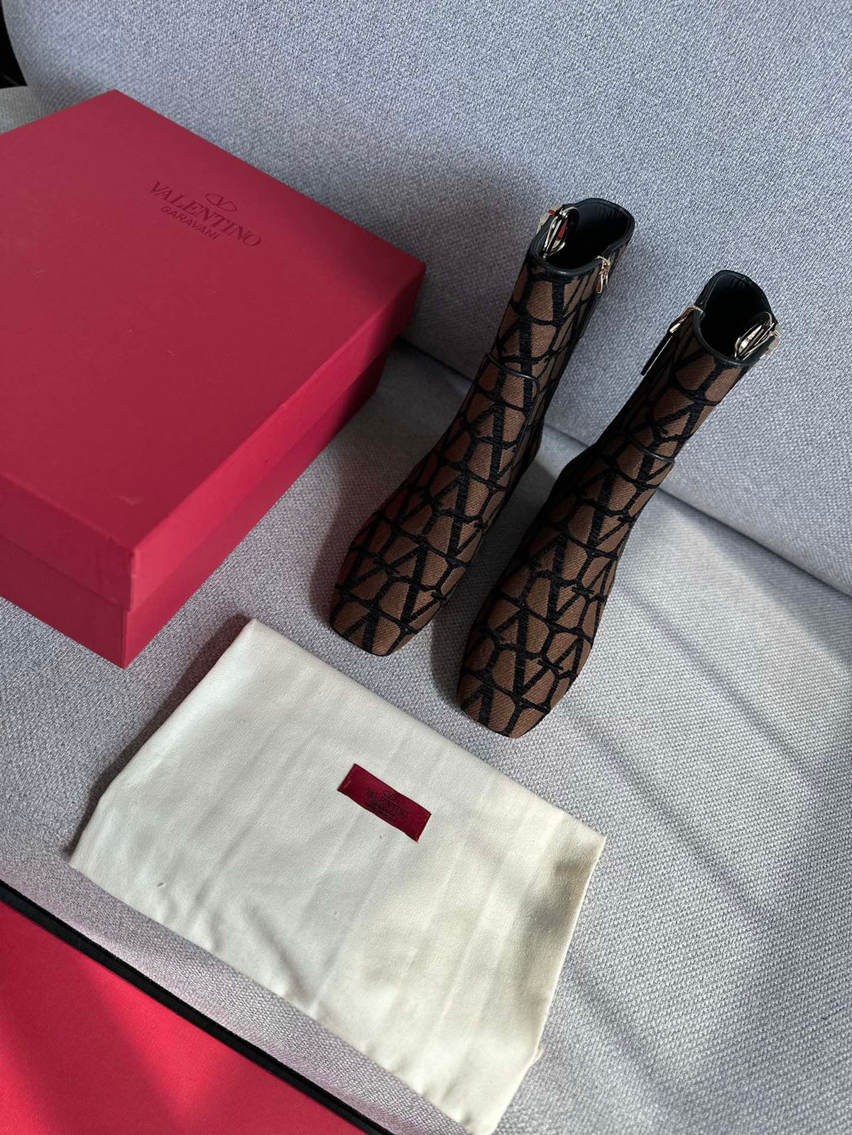 Valentino Women Brown Fabric Logo Pattern Boots