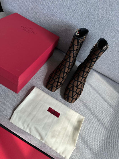 Valentino Women Brown Fabric Logo Pattern Boots