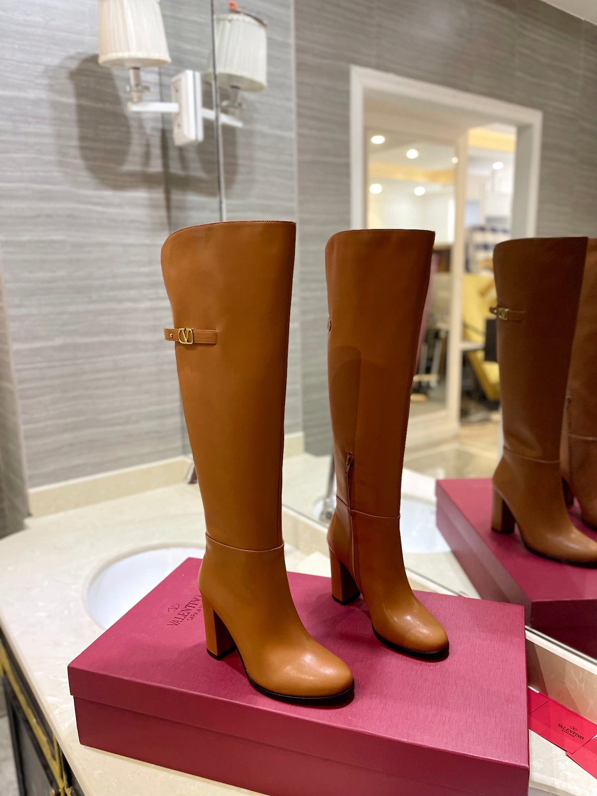 Valentino Women Brown Leather Knee High Boots