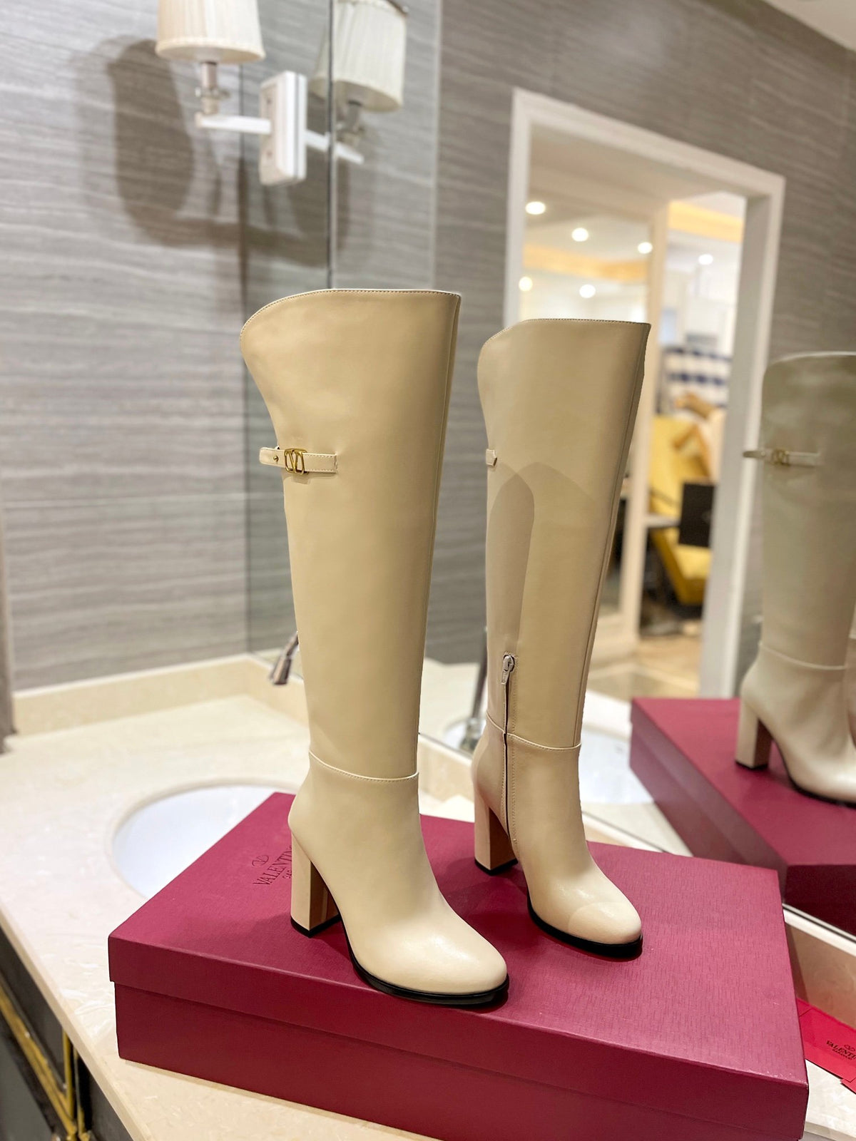 Valentino Women Beige Leather Knee High Boots