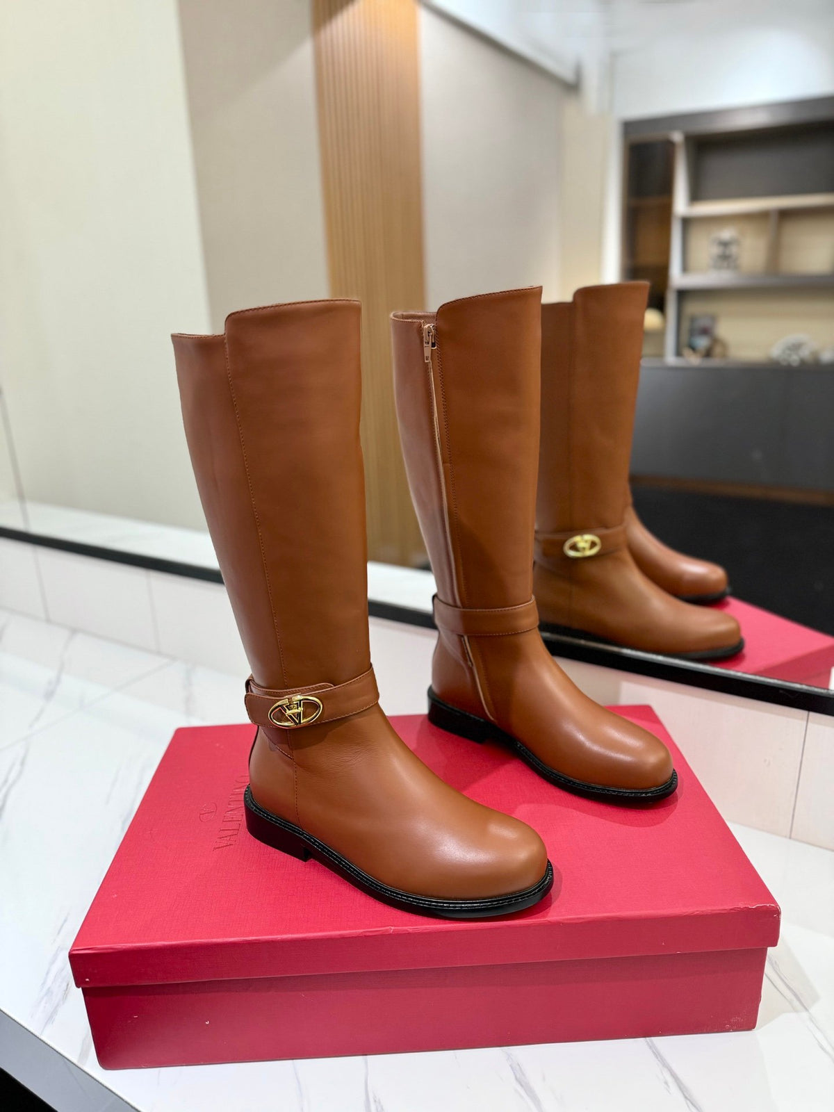 Valentino Women Brown Leather Knee High Boots