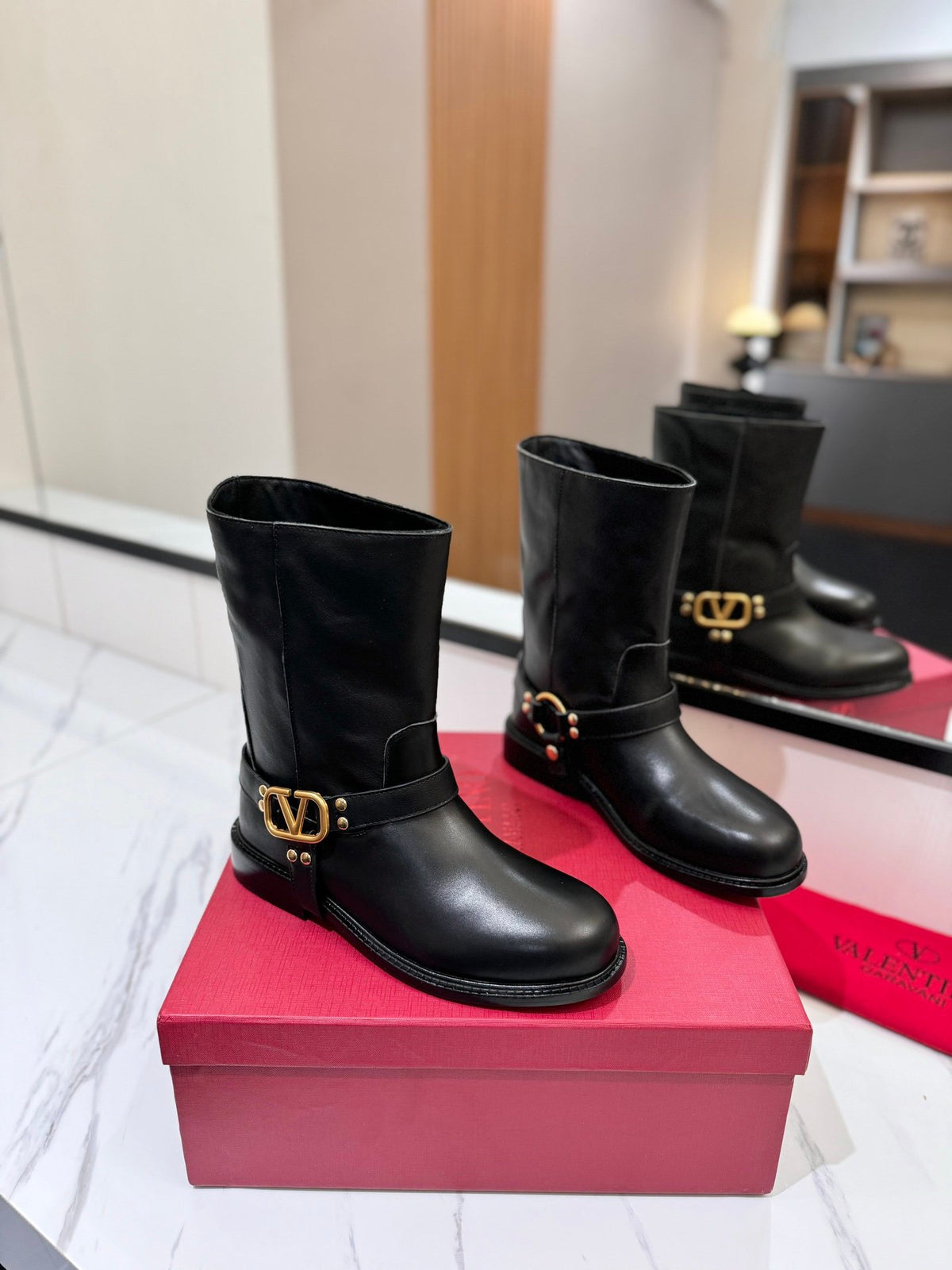 Valentino Women Black Leather Mid-Calf Boots
