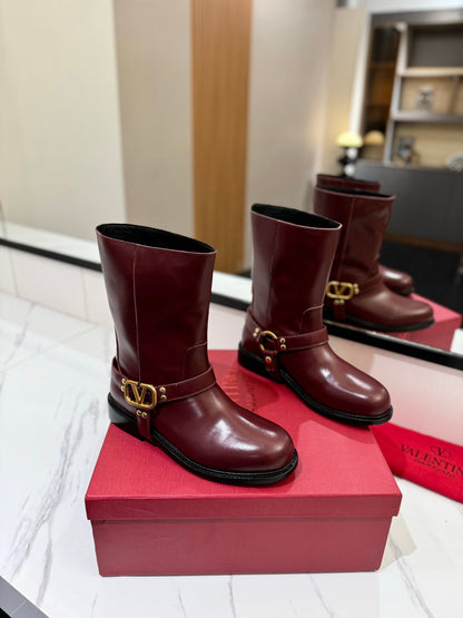 Valentino Women Burgundy Leather Mid-Calf Boots