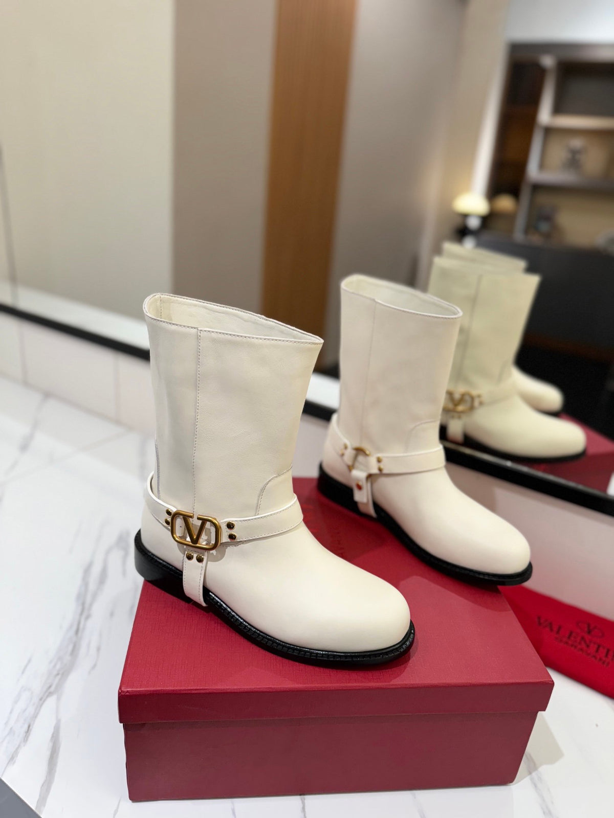 Valentino Women White Leather Mid-Calf Boots
