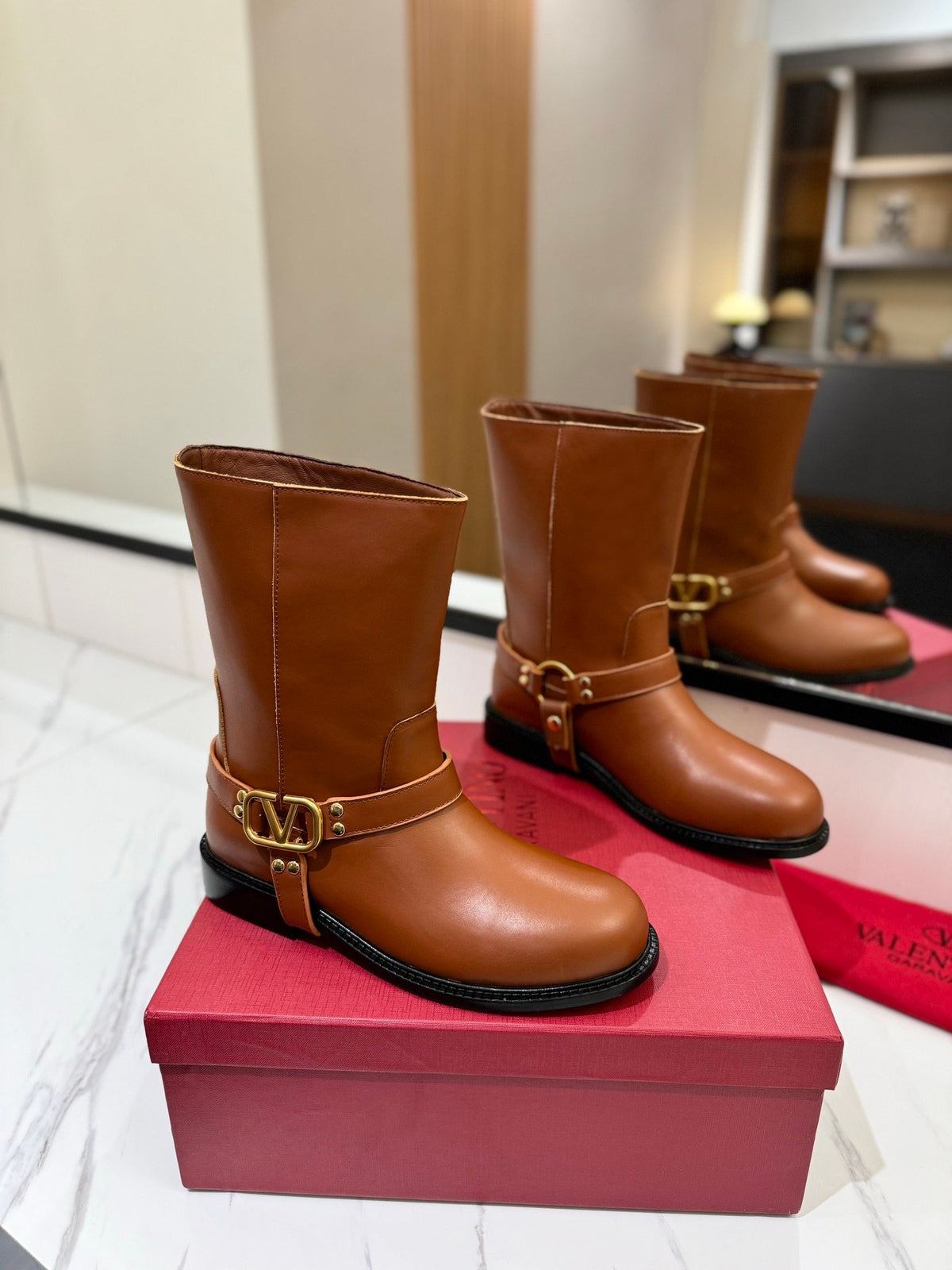 Valentino Women Brown Leather Mid-Calf Boots