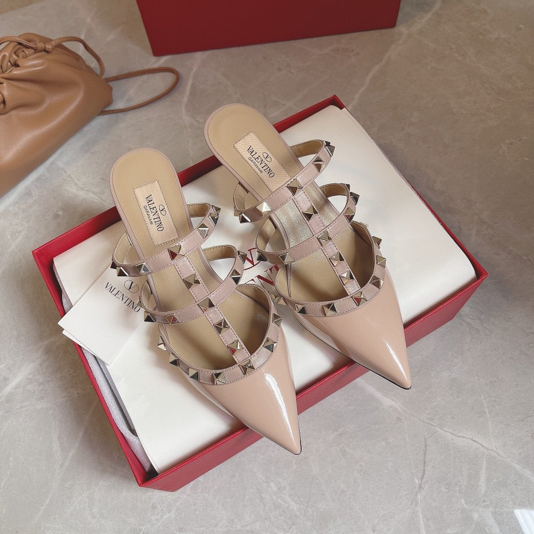 Valentino Women Nude Patent Leather Studded Mules