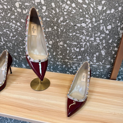 Valentino Women Burgundy Patent Leather Studded Pumps
