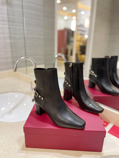Valentino Women Black Leather Studded Ankle Boots