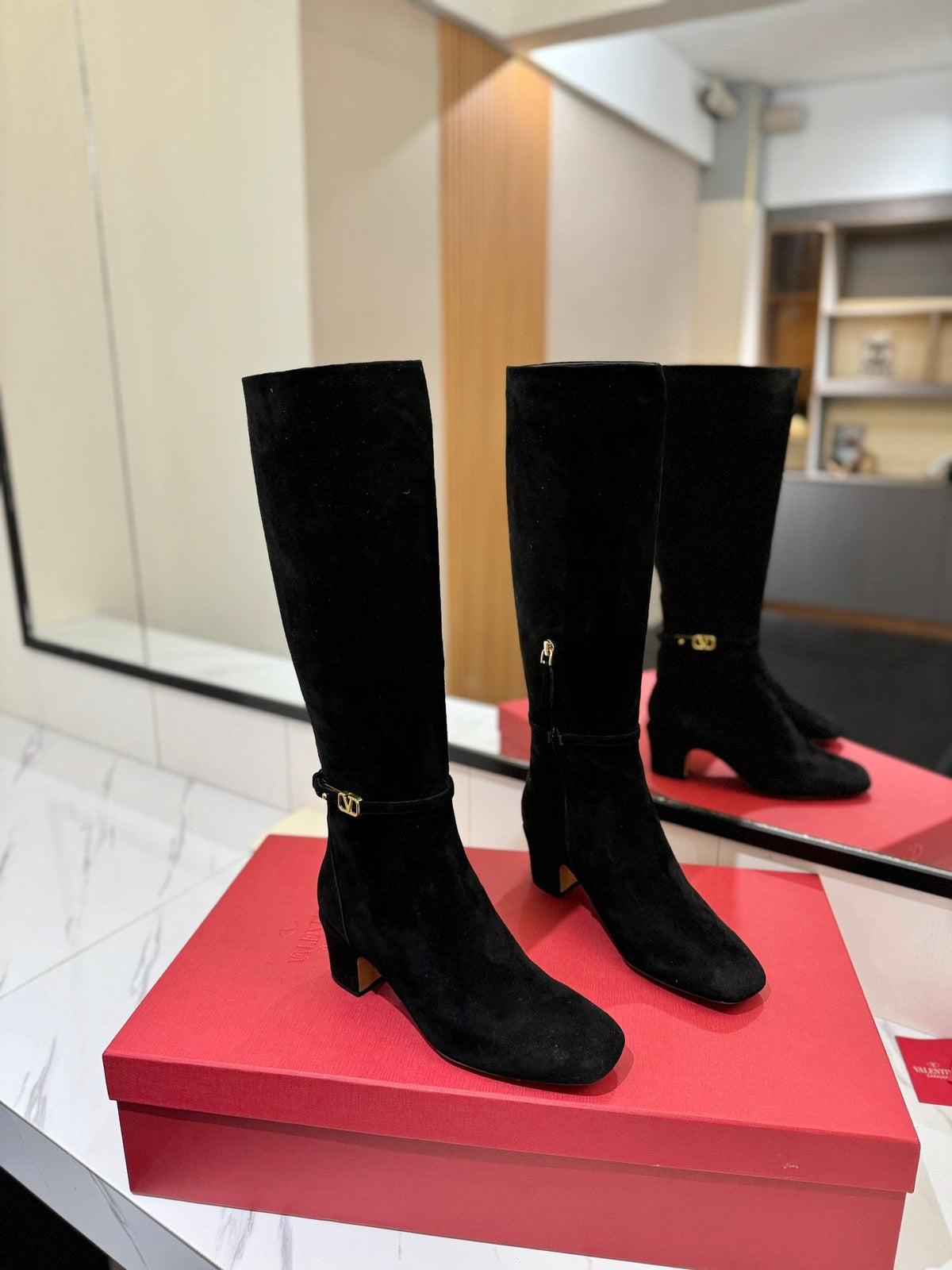 Valentino Women Black Suede Mid Heel Boots