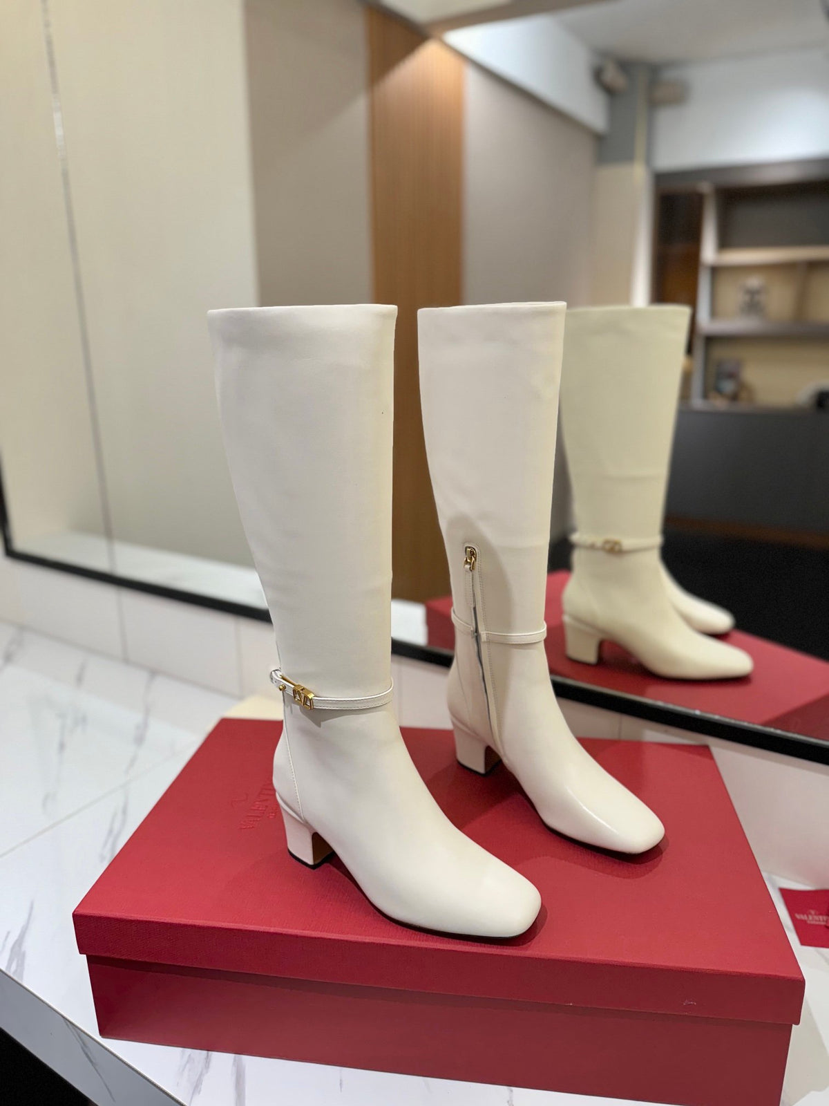 Valentino Women White Leather Knee High Boots