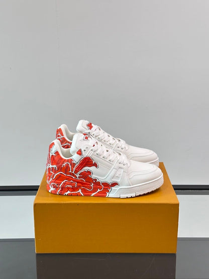 LV Men White Leather Sneakers With Red Floral Design