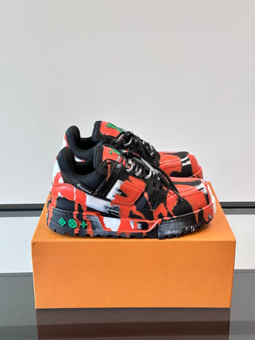 LV Men Red Black Leather Sneakers