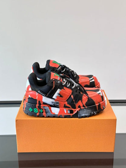 LV Men Red Black Leather Sneakers