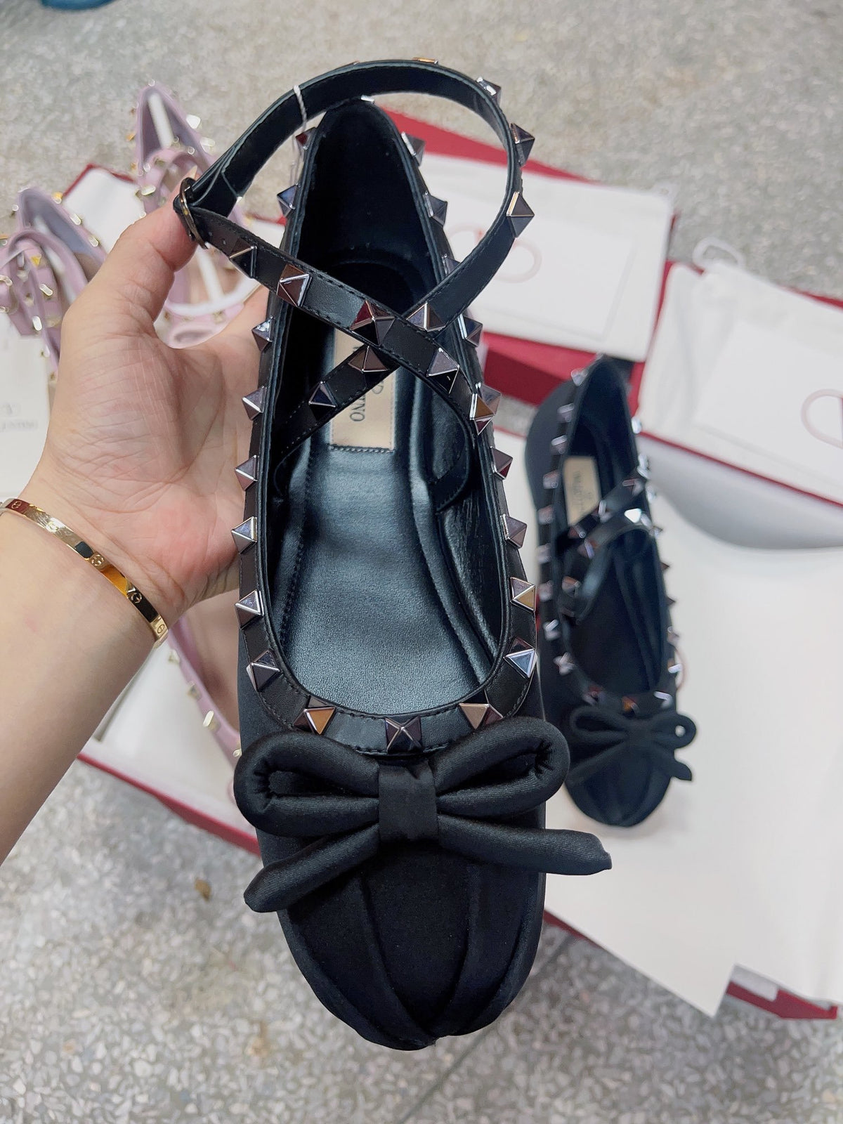 Valentino Women Black Satin Studded Flats