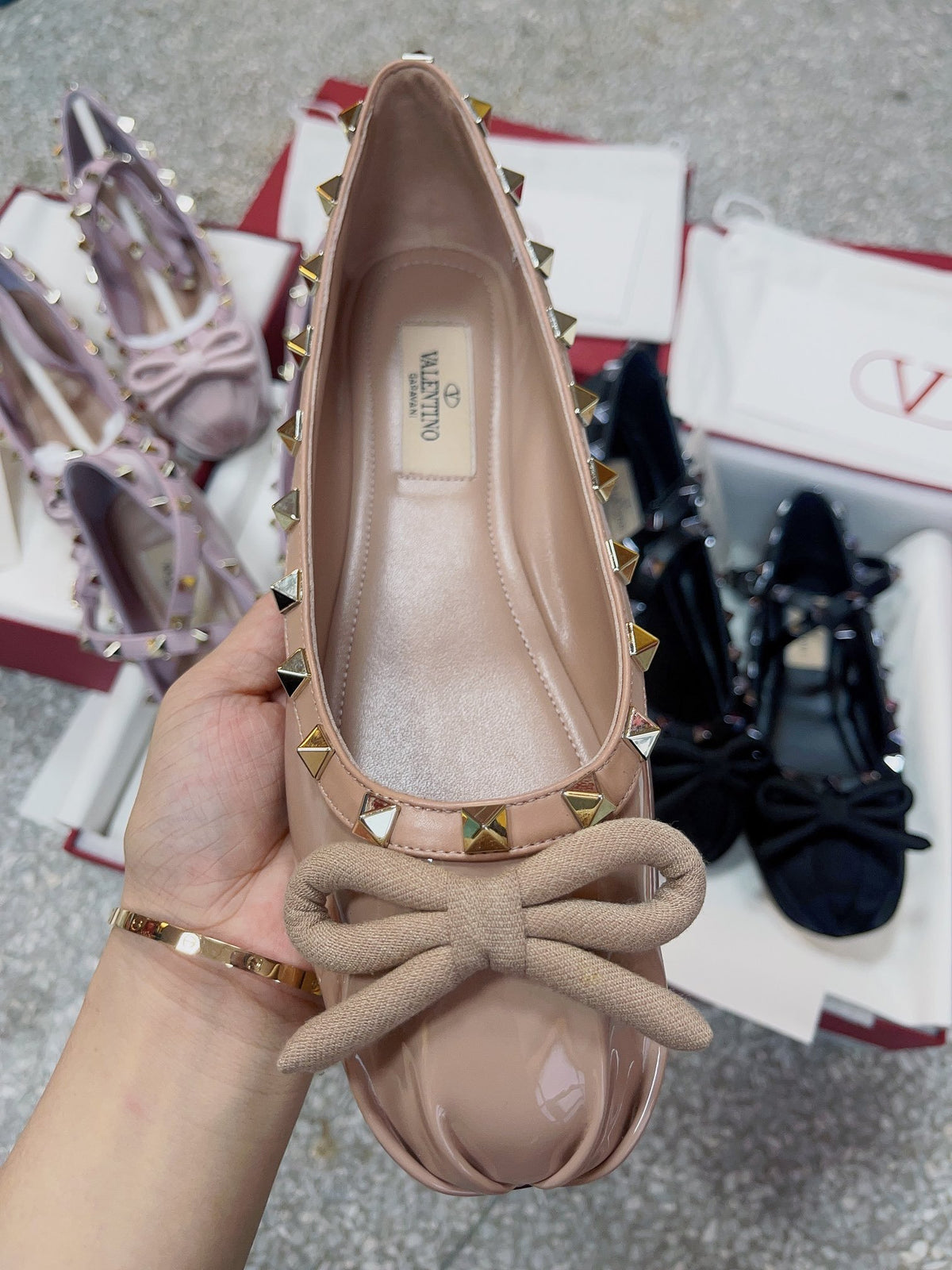 Valentino Women Nude Patent Leather Studded Flats