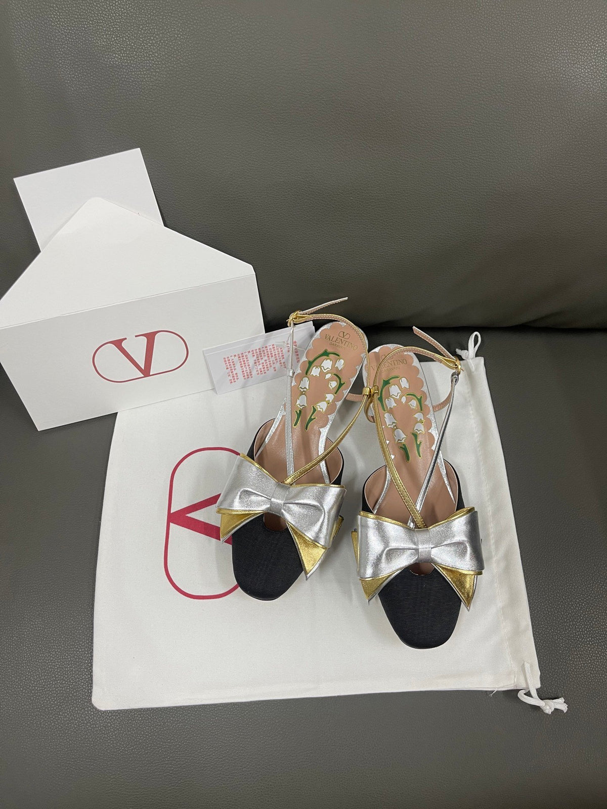 Valentino Women Black Satin Silver Gold Leather Heels
