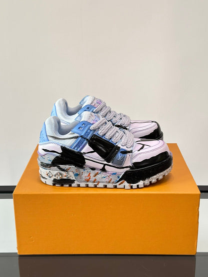 LV Men Black White Blue Leather Sneakers