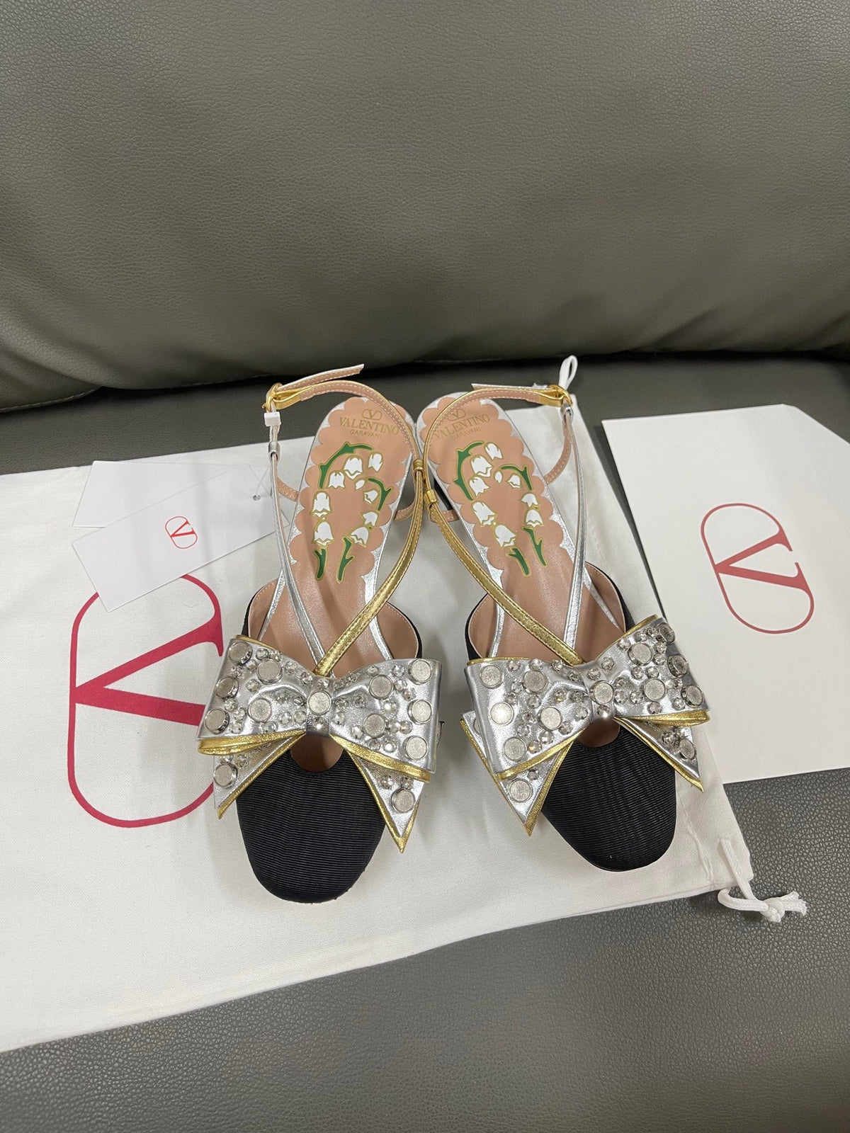 Valentino Women Black Silver Leather Bow Slingback Flats