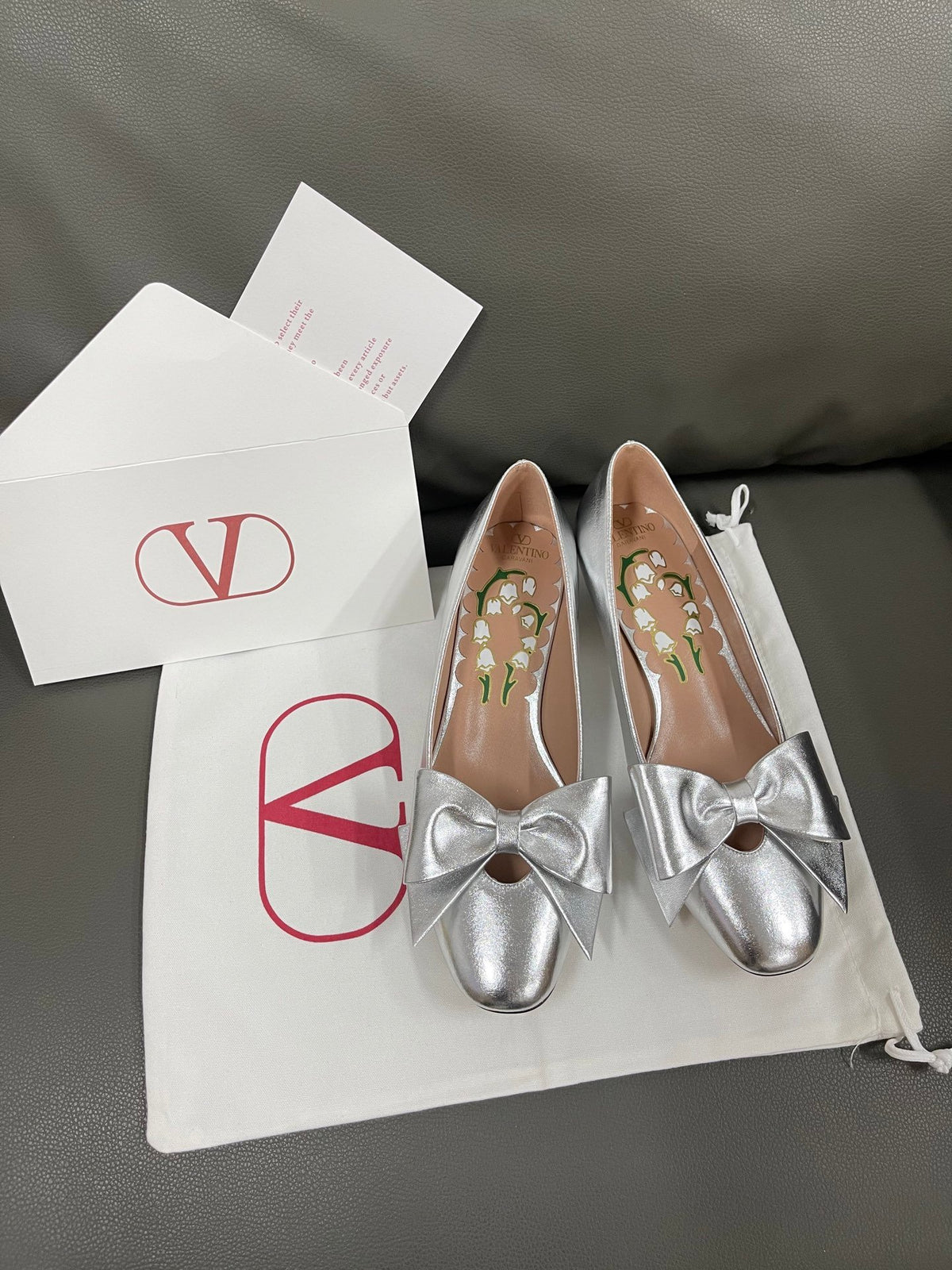 Valentino Women Silver Leather Bow Detail Flats