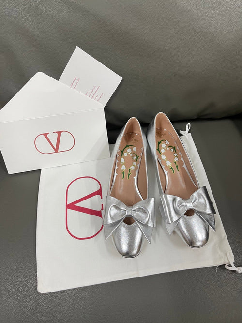 Valentino Women Silver Leather Bow Detail Flats