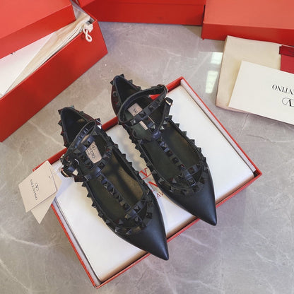 Valentino Women Black Leather Pointed Flats