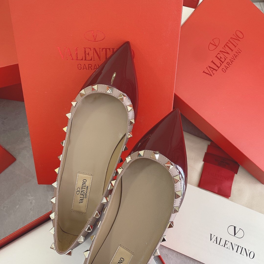 Valentino Women Burgundy Patent Leather Studded Flats