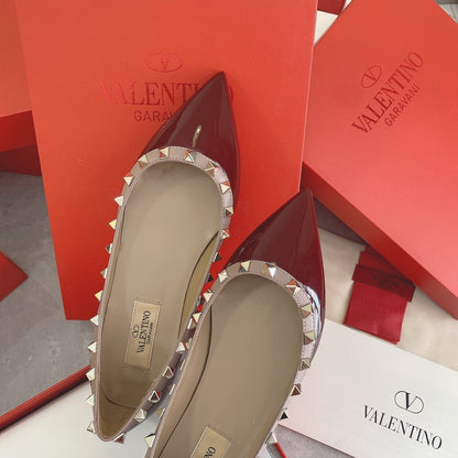 Valentino Women Burgundy Patent Leather Studded Flats