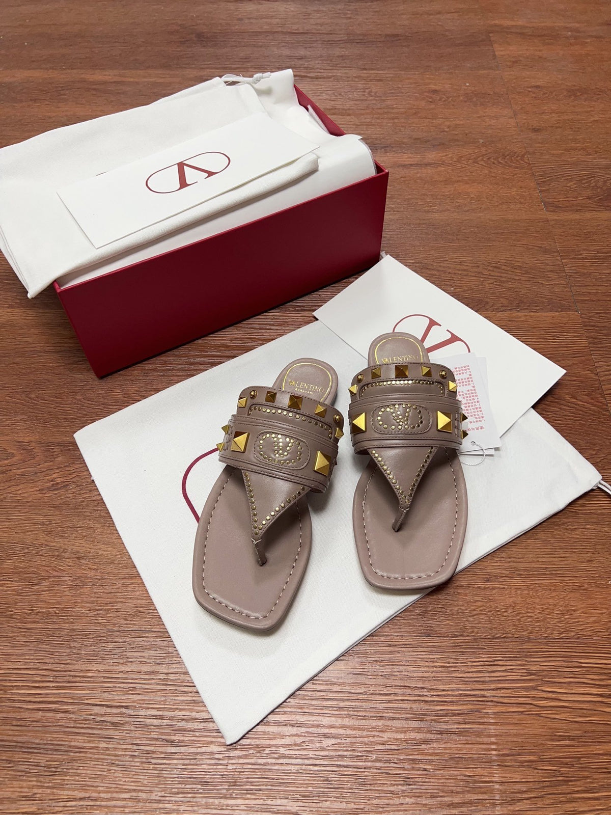 Valentino Women Taupe Leather Studded Sandals